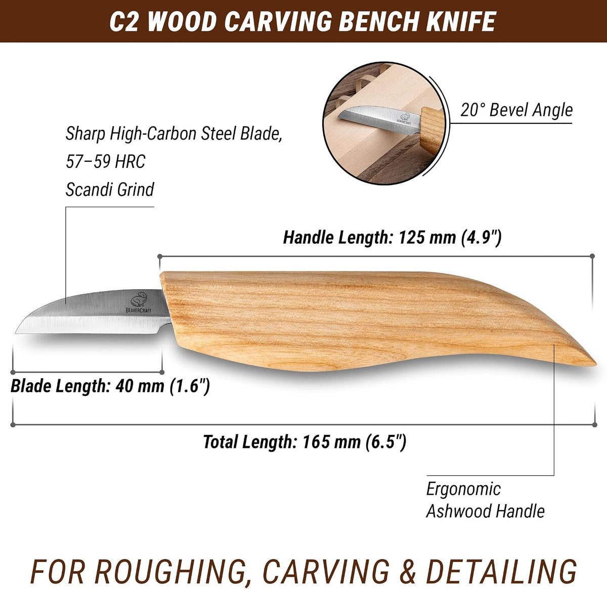 Whittling Knife C2 6.5" - Wood Chip Carving Knife for General Purpose - Detail Whittling Knives Carbon Steel - Wood Carving Tools for Beginners