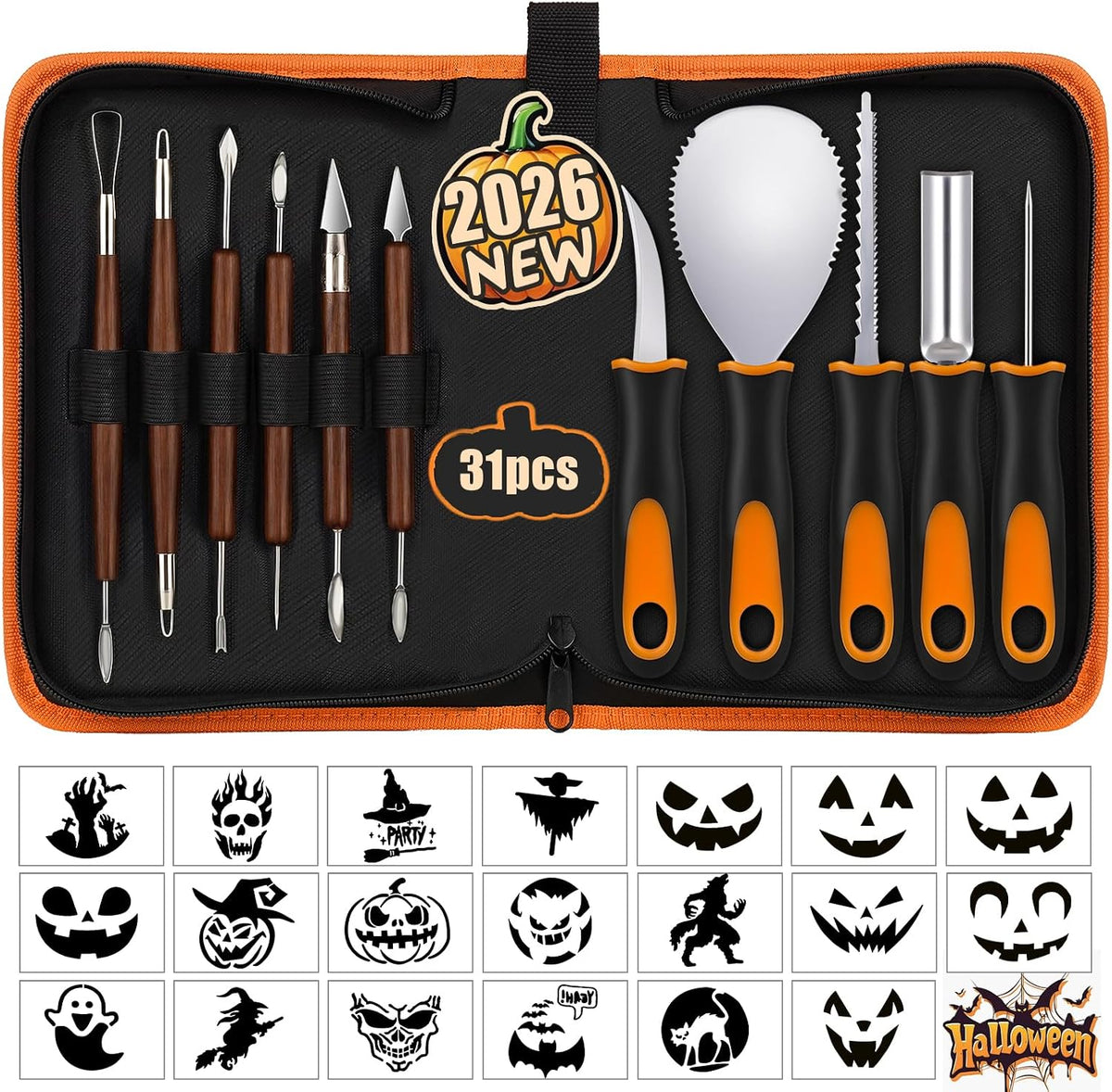 Halloween Pumpkin Carving Kit with Stencils - 31 PCS Professional Tools | Easy for Pumpkins, Heavy Duty Stainless Steel, With 15PCS 3-Level Stencils for Beginner to Pro, With Storage Bag