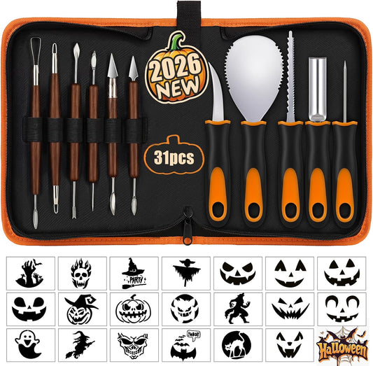 Halloween Pumpkin Carving Kit with Stencils - 31 PCS Professional Tools | Easy for Pumpkins, Heavy Duty Stainless Steel, With 15PCS 3-Level Stencils for Beginner to Pro, With Storage Bag