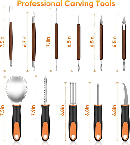 Halloween Pumpkin Carving Kit with Stencils - 31 PCS Professional Tools | Easy for Pumpkins, Heavy Duty Stainless Steel, With 15PCS 3-Level Stencils for Beginner to Pro, With Storage Bag