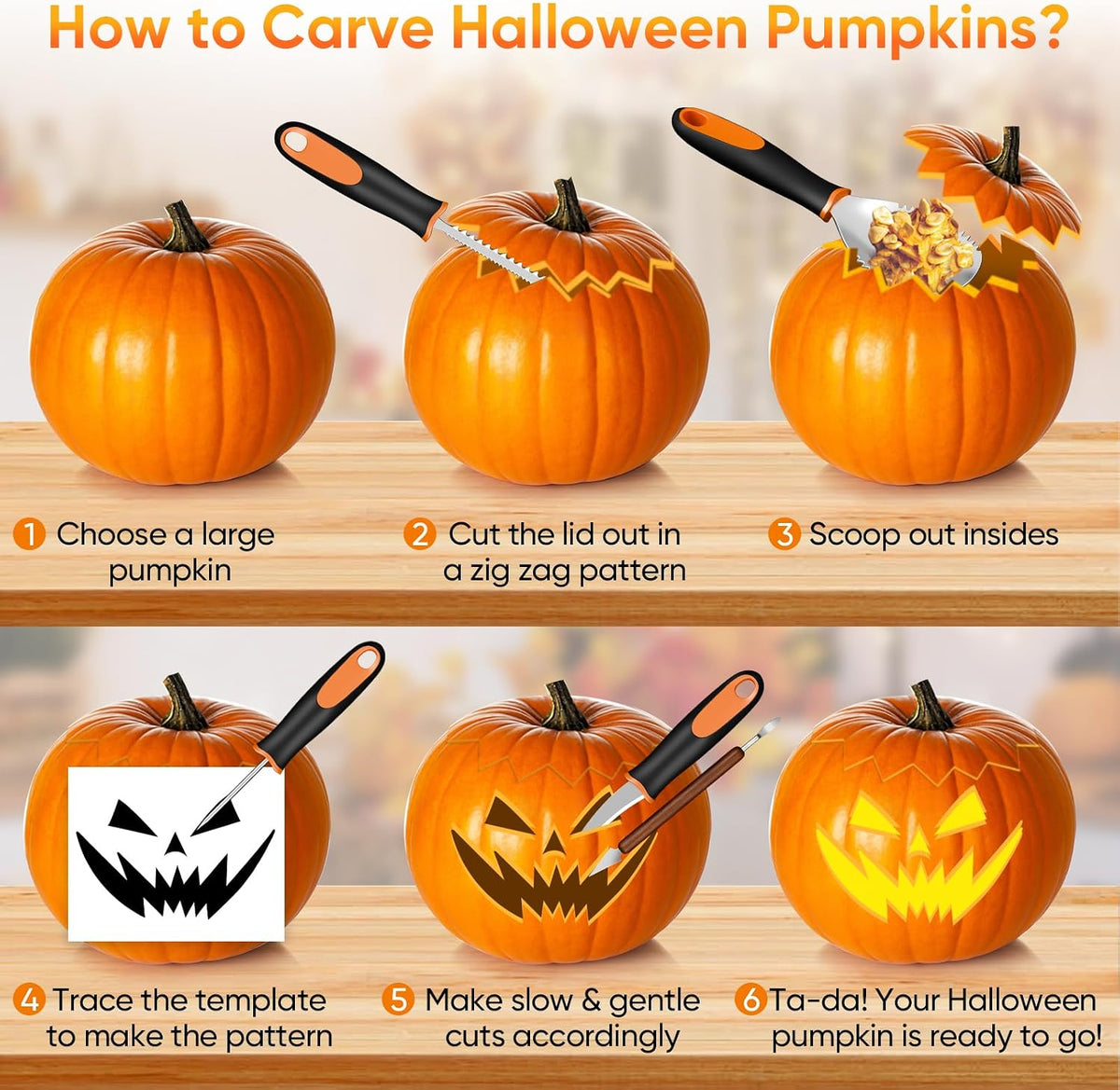 Halloween Pumpkin Carving Kit with Stencils - 31 PCS Professional Tools | Easy for Pumpkins, Heavy Duty Stainless Steel, With 15PCS 3-Level Stencils for Beginner to Pro, With Storage Bag