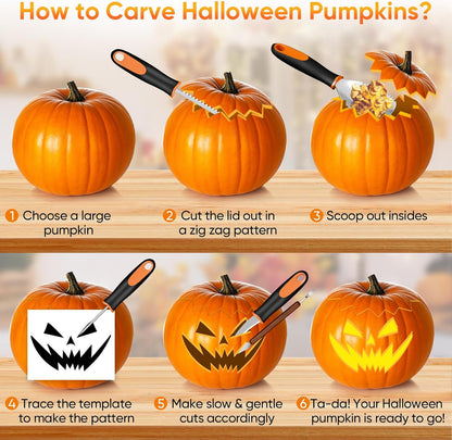 Halloween Pumpkin Carving Kit with Stencils - 31 PCS Professional Tools | Easy for Pumpkins, Heavy Duty Stainless Steel, With 15PCS 3-Level Stencils for Beginner to Pro, With Storage Bag