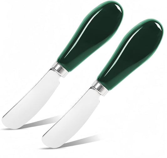 Butter Spreader Knife Set, 2-Pack Stainless Steel Cheese and Butter Knives with Ceramic Handle, Dishwasher Safe, for Soft & Hard Cheese, Jam, Cold Butter (dark green)