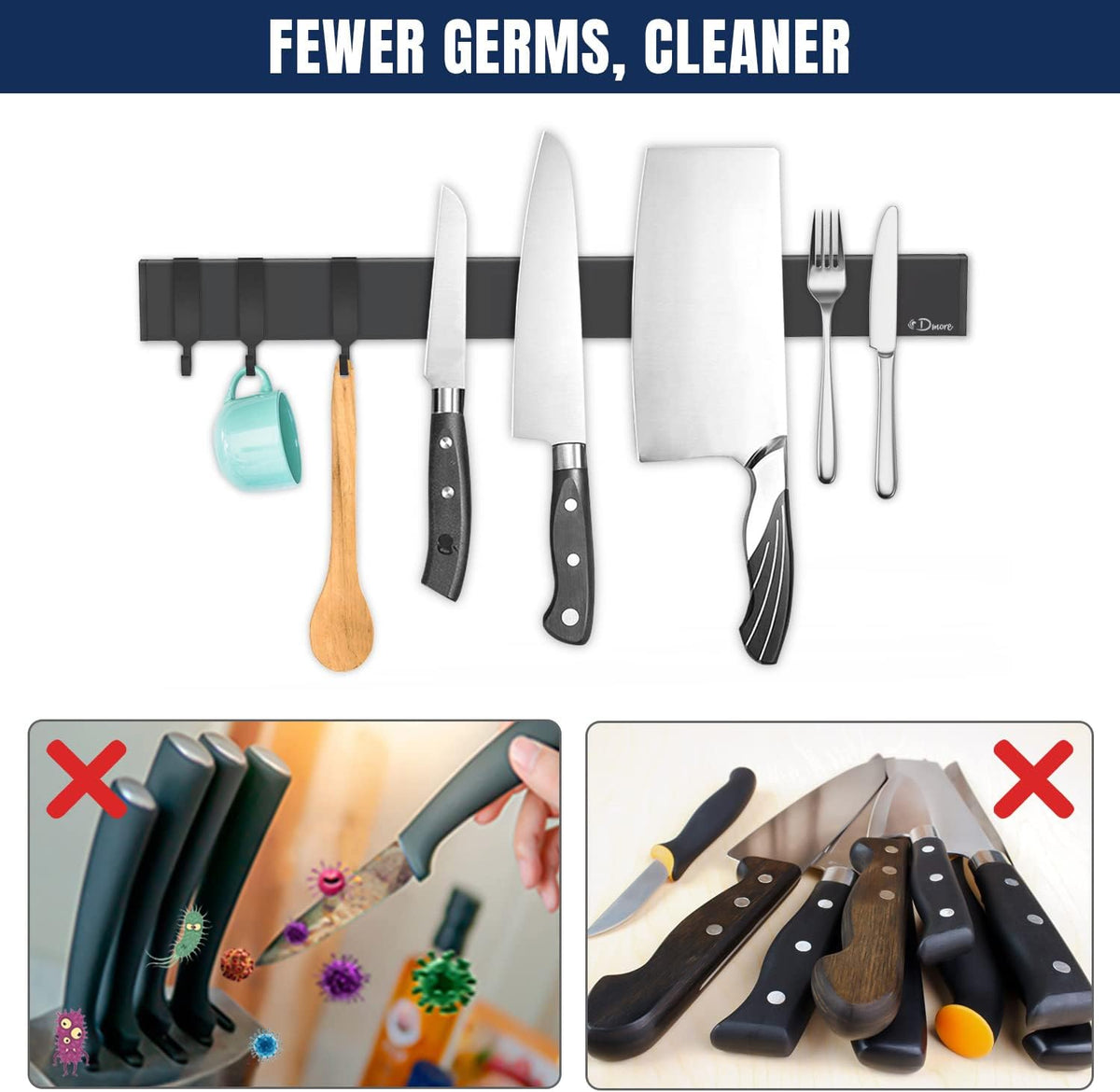 Dmore magnetic knife holder for wall—with 2 hooks, No Drilling 12 Inch black knife magnetic strip, Powerful knife magnet rack, include Adhesive Tape and screws for Knives, Utensils, and Tools