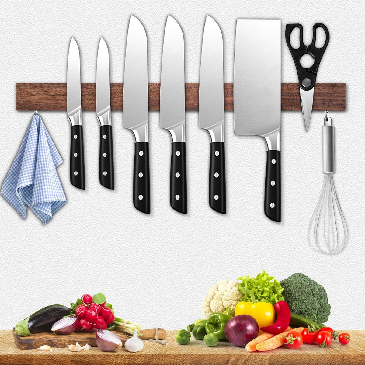 Dmore magnetic knife holder for wall—with 2 hooks, No Drilling 12 Inch black knife magnetic strip, Powerful knife magnet rack, include Adhesive Tape and screws for Knives, Utensils, and Tools