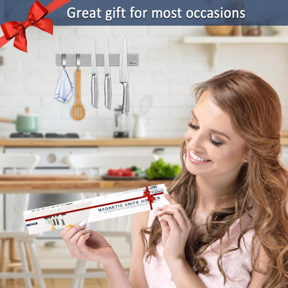 Dmore magnetic knife holder for wall—with 2 hooks, No Drilling 12 Inch black knife magnetic strip, Powerful knife magnet rack, include Adhesive Tape and screws for Knives, Utensils, and Tools