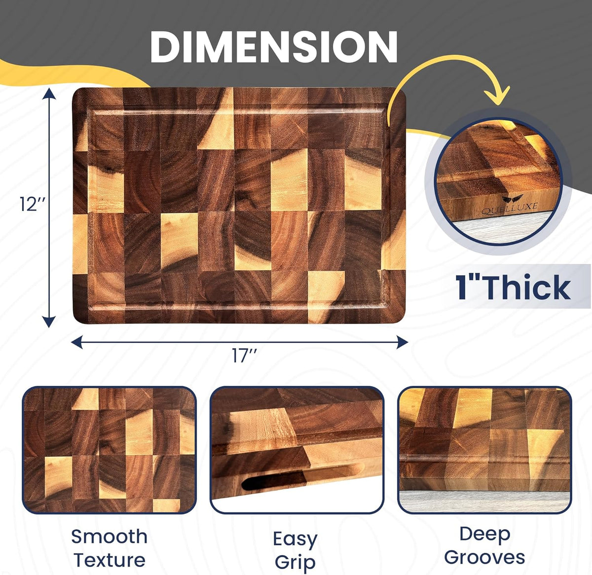 Walnut Wood End Grain Cutting Board for Kitchen with Juice Groove, Inner Handles, Heavy-Duty Butcher Block, Wooden Chopping Board, Charcuterie Boards 17" x 12" x 1" (17" x 12" x 1")