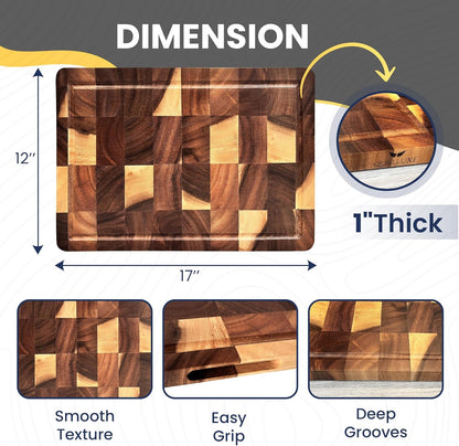 Walnut Wood End Grain Cutting Board for Kitchen with Juice Groove, Inner Handles, Heavy-Duty Butcher Block, Wooden Chopping Board, Charcuterie Boards 17" x 12" x 1" (17" x 12" x 1")
