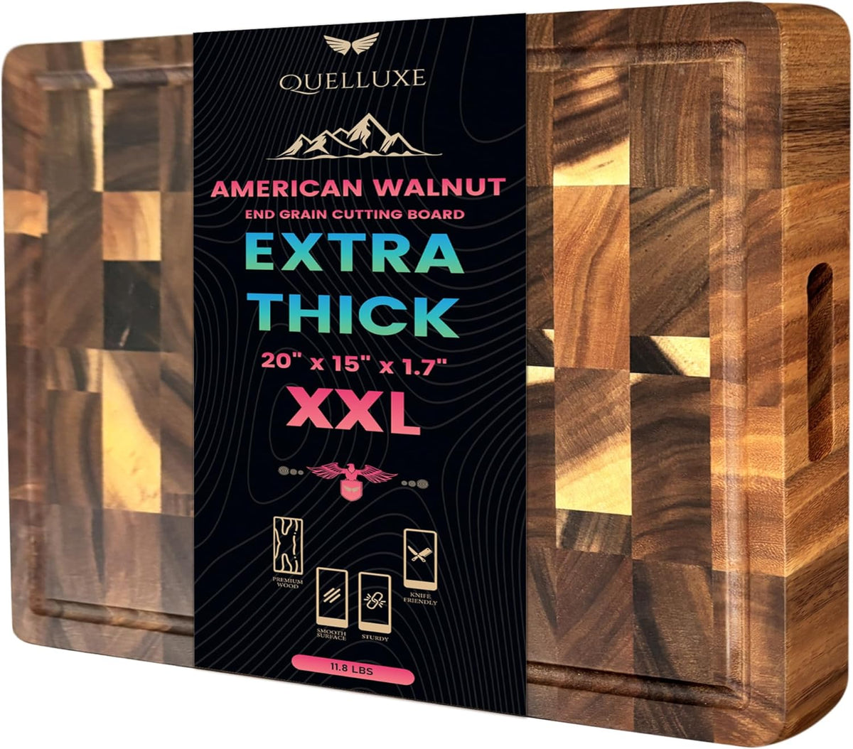 Walnut Wood End Grain Cutting Board for Kitchen with Juice Groove, Inner Handles, Heavy-Duty Butcher Block, Wooden Chopping Board, Charcuterie Boards 17" x 12" x 1" (17" x 12" x 1")