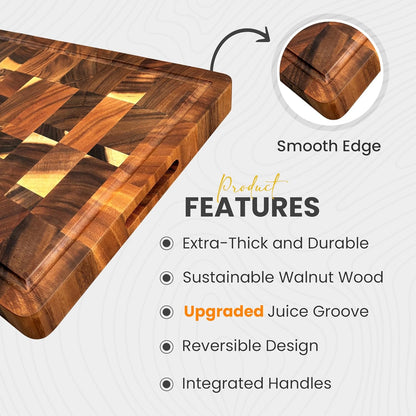 Walnut Wood End Grain Cutting Board for Kitchen with Juice Groove, Inner Handles, Heavy-Duty Butcher Block, Wooden Chopping Board, Charcuterie Boards 17" x 12" x 1" (17" x 12" x 1")