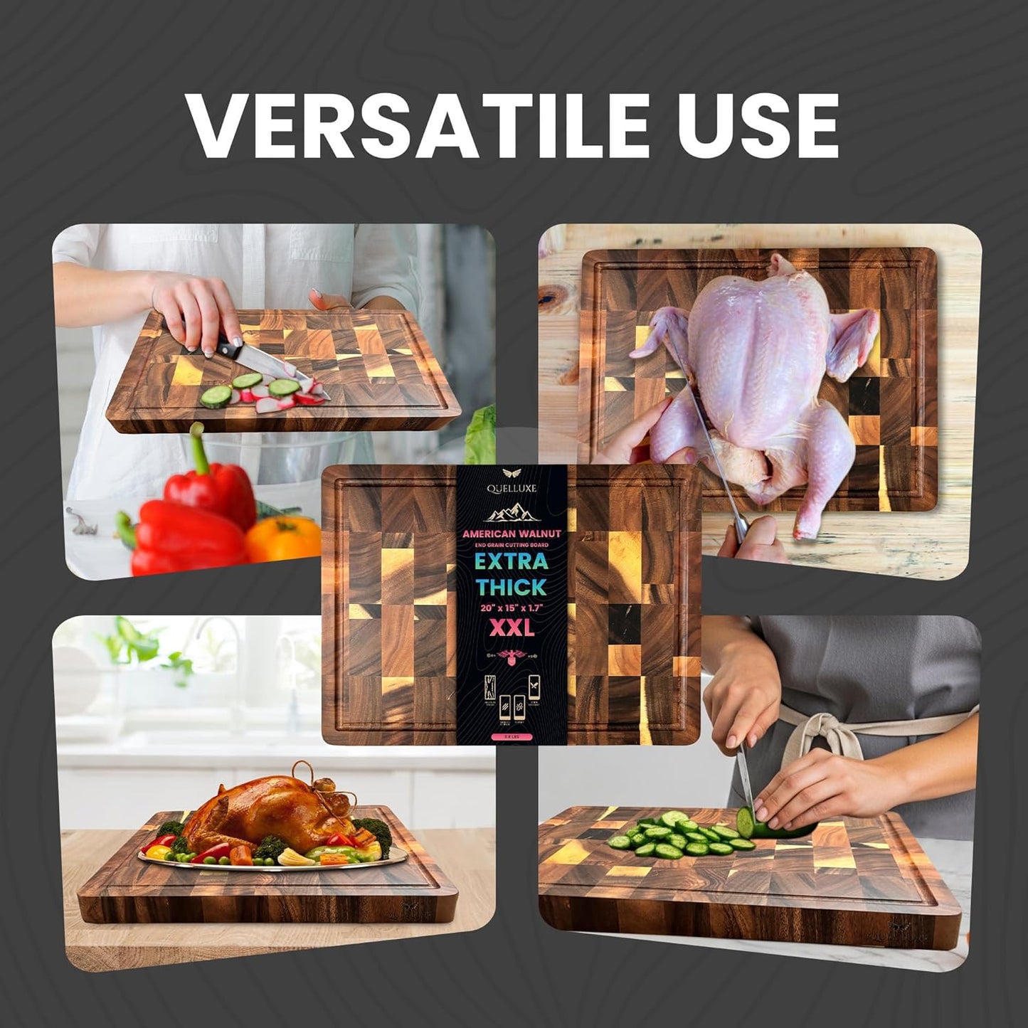 Walnut Wood End Grain Cutting Board for Kitchen with Juice Groove, Inner Handles, Heavy-Duty Butcher Block, Wooden Chopping Board, Charcuterie Boards 17" x 12" x 1" (17" x 12" x 1")
