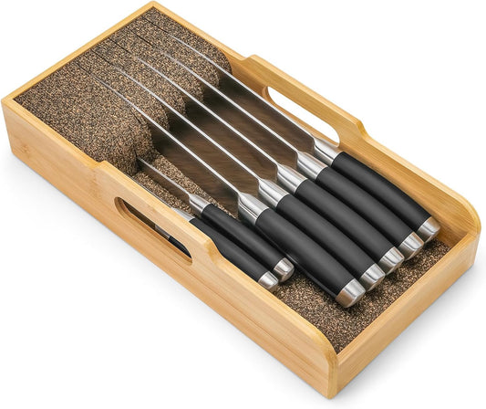 Bamboo Knife Drawer Organizer Insert - Kitchen In-Drawer Knife Block Holder, Flexible Dividers for Knives Organization