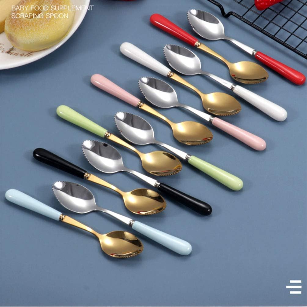 Set of 6 Grapefruit Spoons with Round Serrated Edges, Stainless Steel Serrated Spoon with Multicolor Ceramic Handle, Kiwi Apple Citrus Fruit, Dessert Spoon Sets (Silver)