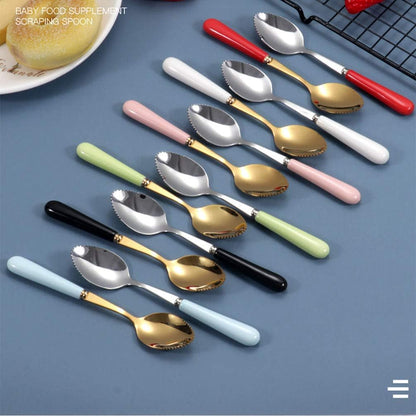 Set of 6 Grapefruit Spoons with Round Serrated Edges, Stainless Steel Serrated Spoon with Multicolor Ceramic Handle, Kiwi Apple Citrus Fruit, Dessert Spoon Sets (Silver)