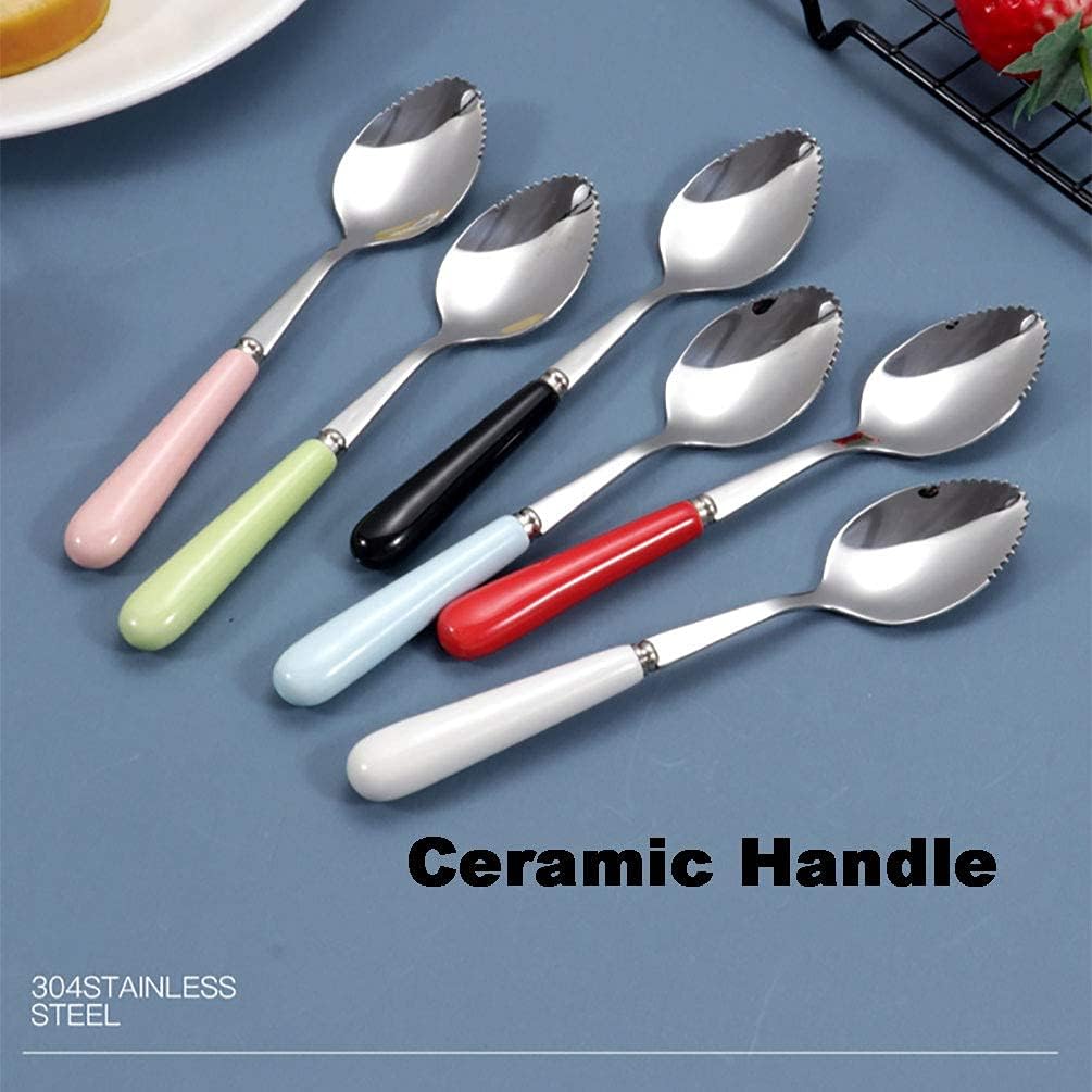 Set of 6 Grapefruit Spoons with Round Serrated Edges, Stainless Steel Serrated Spoon with Multicolor Ceramic Handle, Kiwi Apple Citrus Fruit, Dessert Spoon Sets (Silver)