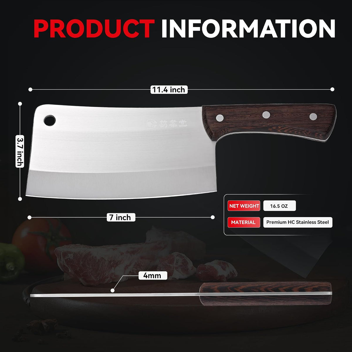 Meat Cleaver 7", Chinese Chef Kitchen knife, for meat and bones, versile blade, full tang, wood handle