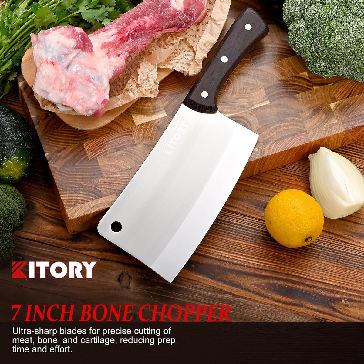 Meat Cleaver 7", Chinese Chef Kitchen knife, for meat and bones, versile blade, full tang, wood handle
