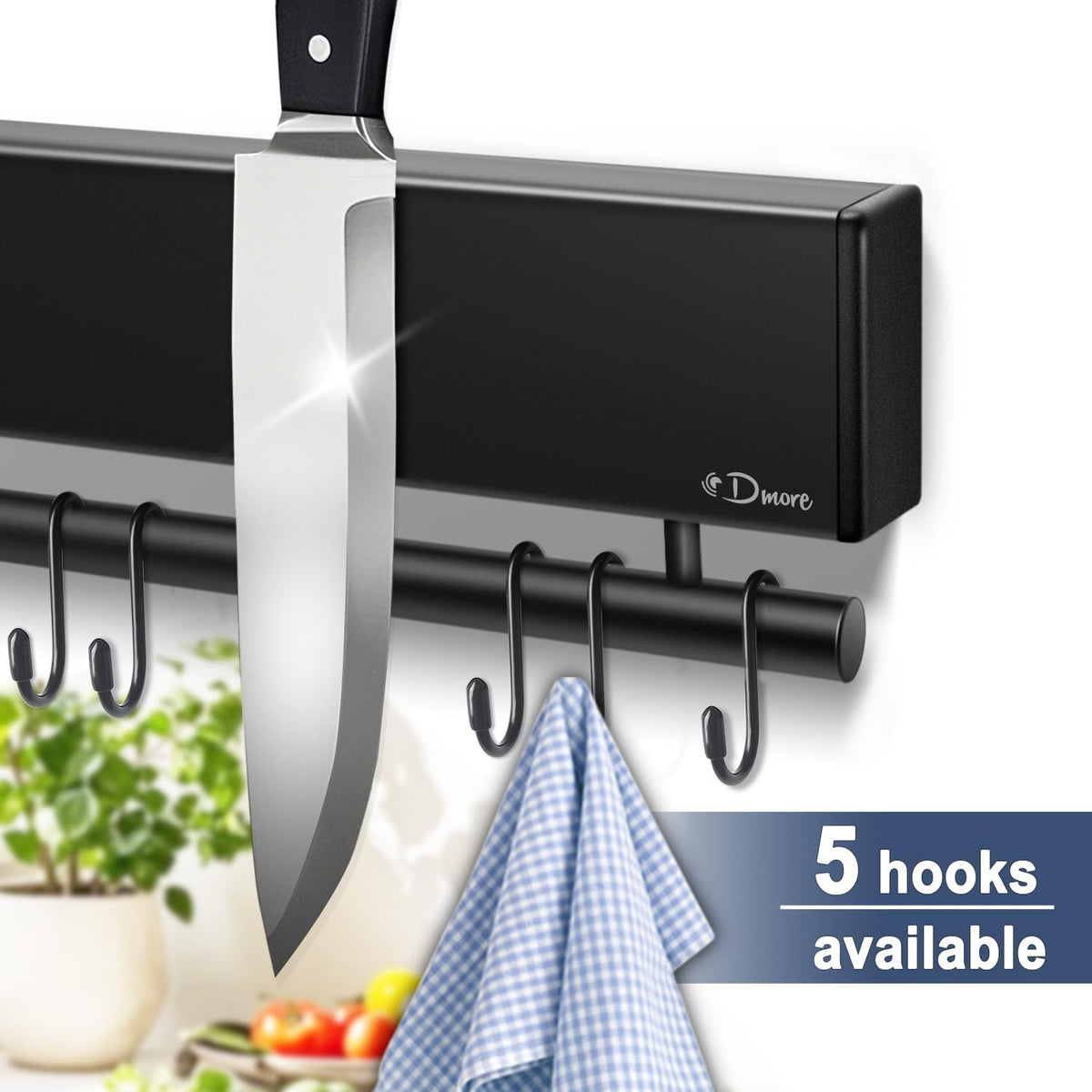Dmore magnetic knife holder for wall—with 5 hooks, No Drilling 12 Inch black knife magnetic strip, Extra Strong Magnet knife rack, include Adhesive Tape and screws for Knives and Tools