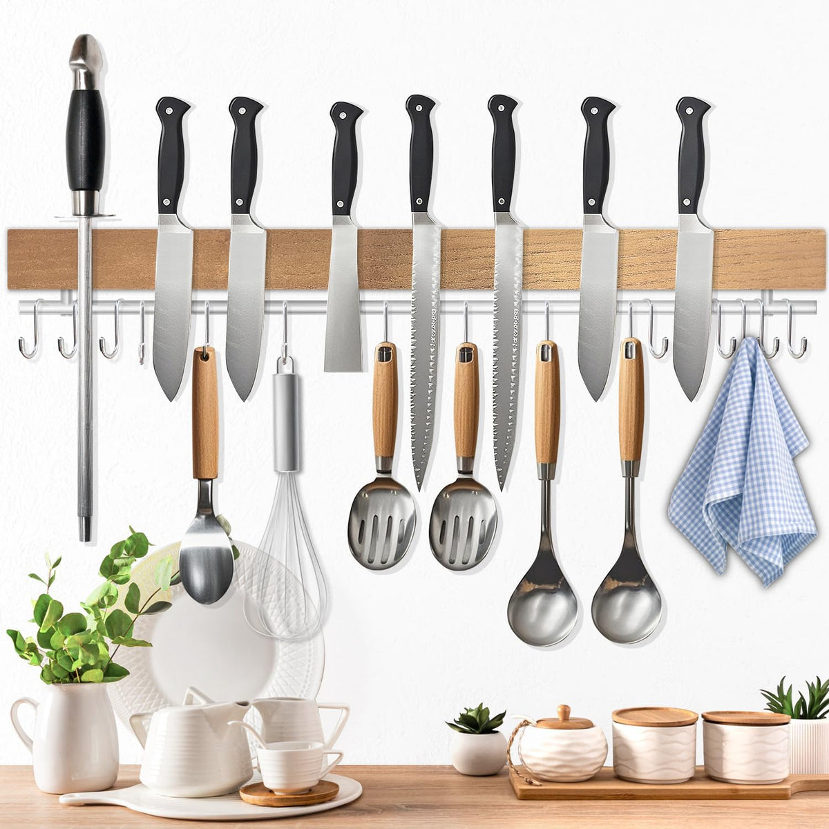 Dmore magnetic knife holder for wall—with 5 hooks, No Drilling 12 Inch black knife magnetic strip, Extra Strong Magnet knife rack, include Adhesive Tape and screws for Knives and Tools