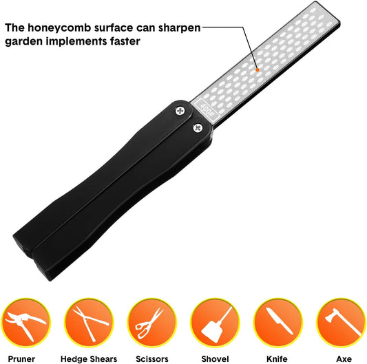 2 Pack Garden Tool Sharpener, Folding Pocket Diamond Knife Sharpener 400/600 Grit Double-Sided Scissor, Pruners, Loppers or Blade Sharpening Stone for Garden Outdoor Camping Kitchen