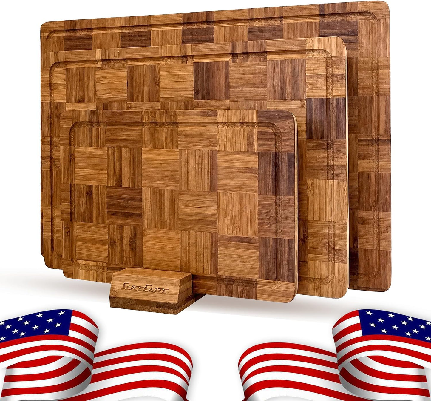 Extra Large Bamboo Cutting Board Set 3 Piece End Grain Wooden Chopping Boards with Holder Non Slip Feet Juice Groove XL Butcher Block Style Boards for Kitchen Carving and Serving