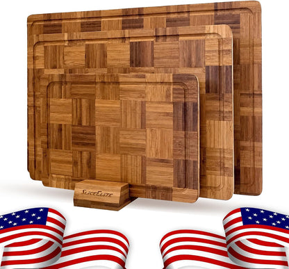 Extra Large Bamboo Cutting Board Set 3 Piece End Grain Wooden Chopping Boards with Holder Non Slip Feet Juice Groove XL Butcher Block Style Boards for Kitchen Carving and Serving
