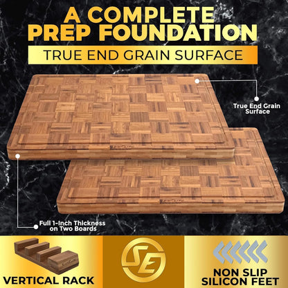 Extra Large Bamboo Cutting Board Set 3 Piece End Grain Wooden Chopping Boards with Holder Non Slip Feet Juice Groove XL Butcher Block Style Boards for Kitchen Carving and Serving