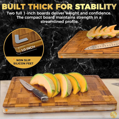 Extra Large Bamboo Cutting Board Set 3 Piece End Grain Wooden Chopping Boards with Holder Non Slip Feet Juice Groove XL Butcher Block Style Boards for Kitchen Carving and Serving