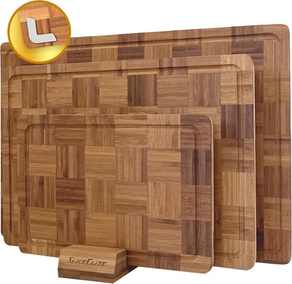 Extra Large Bamboo Cutting Board Set 3 Piece End Grain Wooden Chopping Boards with Holder Non Slip Feet Juice Groove XL Butcher Block Style Boards for Kitchen Carving and Serving