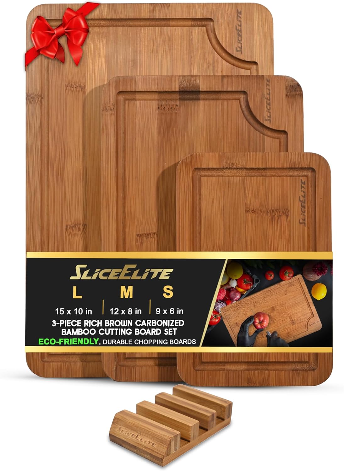 Extra Large Bamboo Cutting Board Set 3 Piece End Grain Wooden Chopping Boards with Holder Non Slip Feet Juice Groove XL Butcher Block Style Boards for Kitchen Carving and Serving