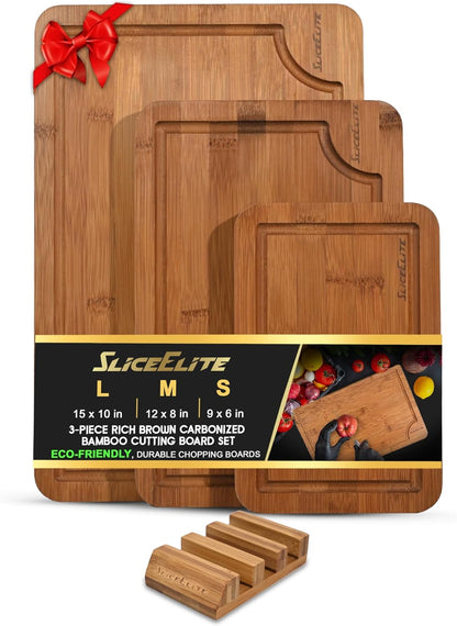 Extra Large Bamboo Cutting Board Set 3 Piece End Grain Wooden Chopping Boards with Holder Non Slip Feet Juice Groove XL Butcher Block Style Boards for Kitchen Carving and Serving