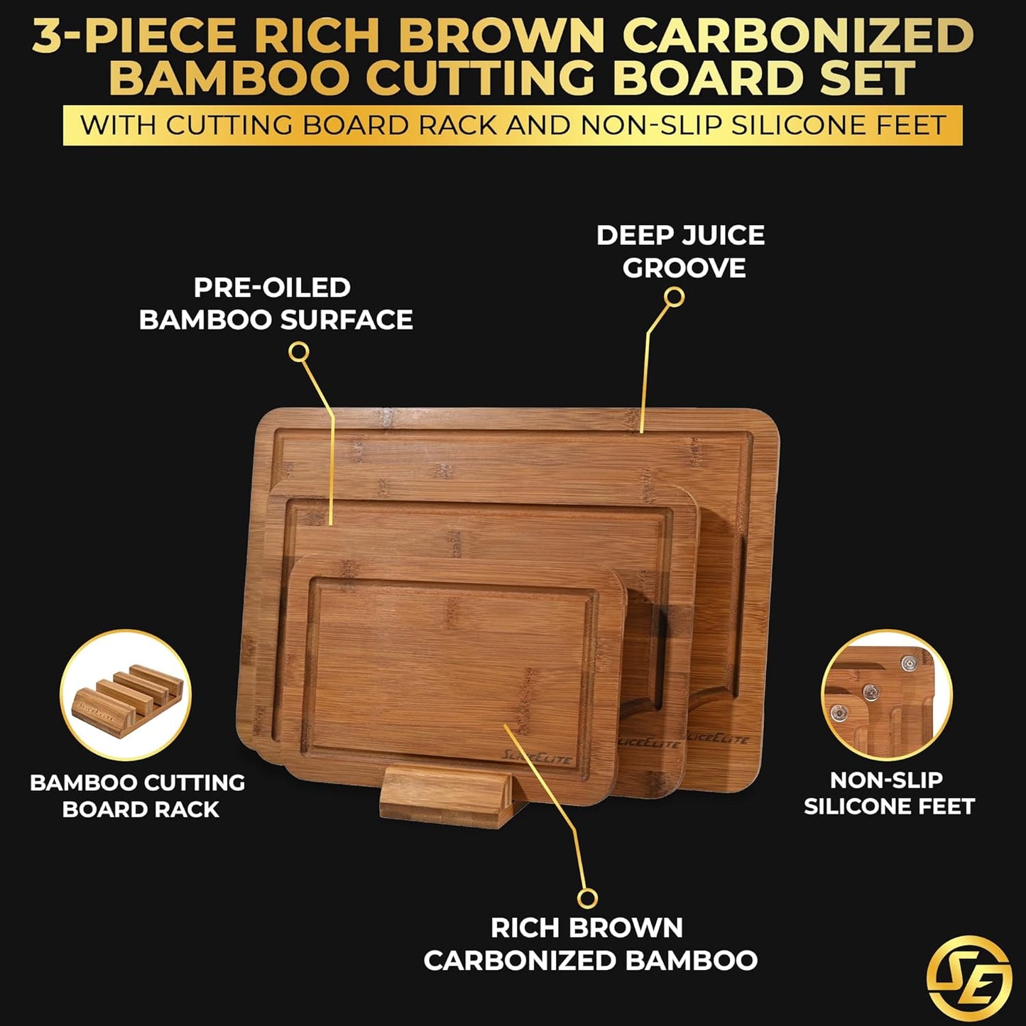 Extra Large Bamboo Cutting Board Set 3 Piece End Grain Wooden Chopping Boards with Holder Non Slip Feet Juice Groove XL Butcher Block Style Boards for Kitchen Carving and Serving