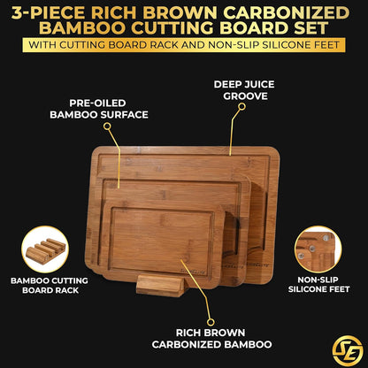 Extra Large Bamboo Cutting Board Set 3 Piece End Grain Wooden Chopping Boards with Holder Non Slip Feet Juice Groove XL Butcher Block Style Boards for Kitchen Carving and Serving