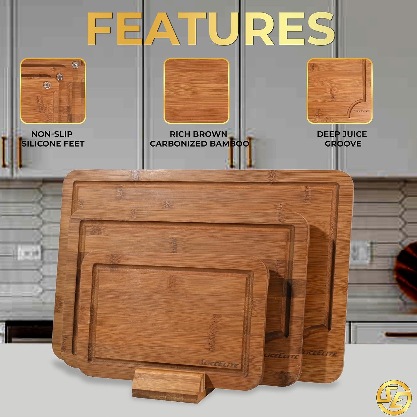 Extra Large Bamboo Cutting Board Set 3 Piece End Grain Wooden Chopping Boards with Holder Non Slip Feet Juice Groove XL Butcher Block Style Boards for Kitchen Carving and Serving