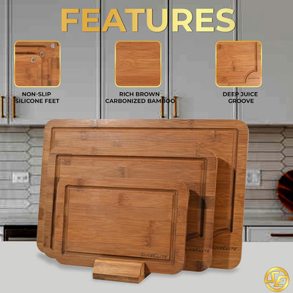 Extra Large Bamboo Cutting Board Set 3 Piece End Grain Wooden Chopping Boards with Holder Non Slip Feet Juice Groove XL Butcher Block Style Boards for Kitchen Carving and Serving