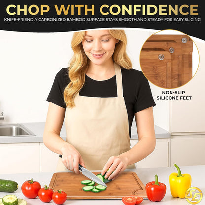 Extra Large Bamboo Cutting Board Set 3 Piece End Grain Wooden Chopping Boards with Holder Non Slip Feet Juice Groove XL Butcher Block Style Boards for Kitchen Carving and Serving