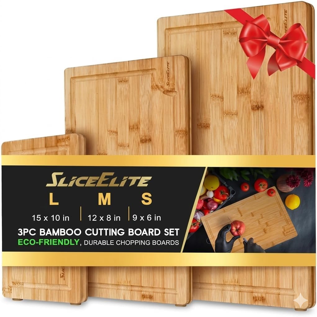 Extra Large Bamboo Cutting Board Set 3 Piece End Grain Wooden Chopping Boards with Holder Non Slip Feet Juice Groove XL Butcher Block Style Boards for Kitchen Carving and Serving