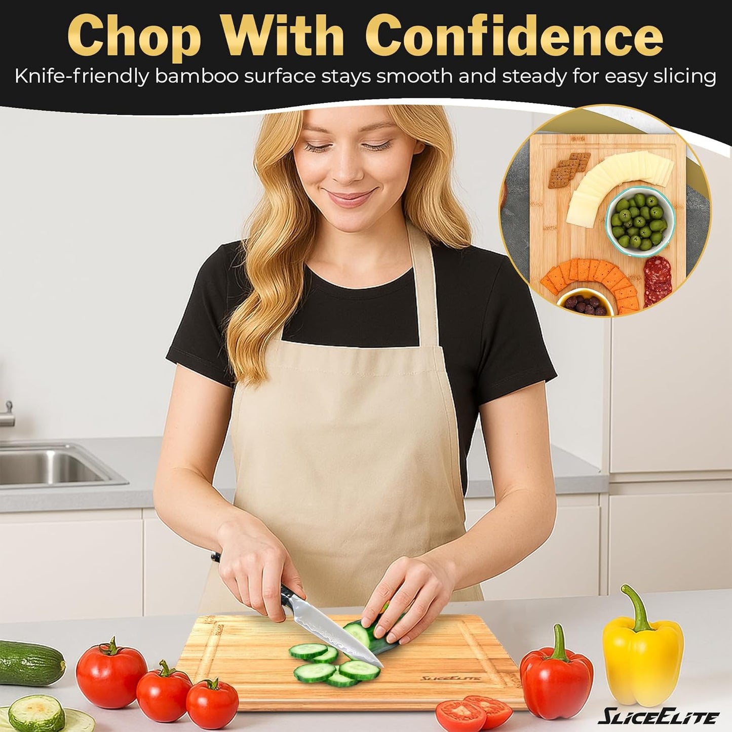 Extra Large Bamboo Cutting Board Set 3 Piece End Grain Wooden Chopping Boards with Holder Non Slip Feet Juice Groove XL Butcher Block Style Boards for Kitchen Carving and Serving