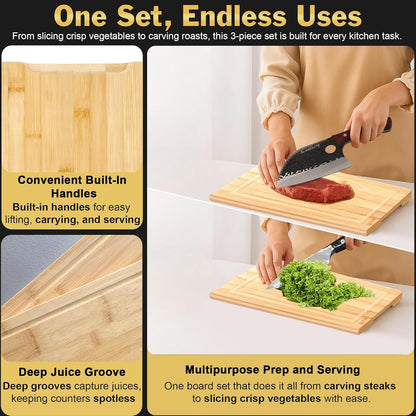 Extra Large Bamboo Cutting Board Set 3 Piece End Grain Wooden Chopping Boards with Holder Non Slip Feet Juice Groove XL Butcher Block Style Boards for Kitchen Carving and Serving