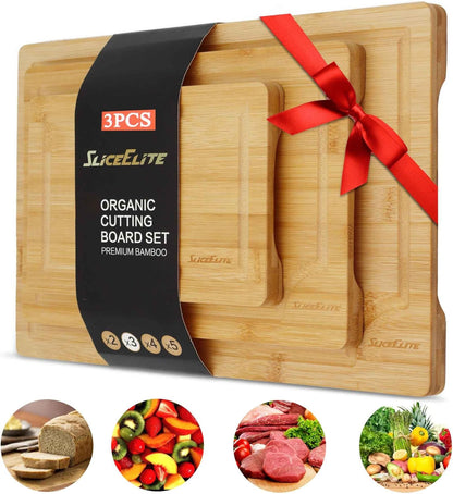 Extra Large Bamboo Cutting Board Set 3 Piece End Grain Wooden Chopping Boards with Holder Non Slip Feet Juice Groove XL Butcher Block Style Boards for Kitchen Carving and Serving