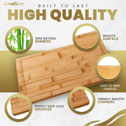 Extra Large Bamboo Cutting Board Set 3 Piece End Grain Wooden Chopping Boards with Holder Non Slip Feet Juice Groove XL Butcher Block Style Boards for Kitchen Carving and Serving