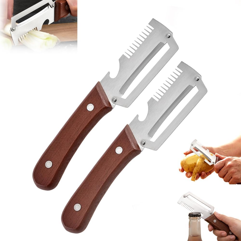 Premium Vegetable Peeler with Wooden Handle and Bottle Opener, Multi-Functional Vegetable Peeler for Kitchen, Kitchen Gadgets Tool for Fruit Pumpkin Peeling Potato Carrot Veggie Peeler (1)