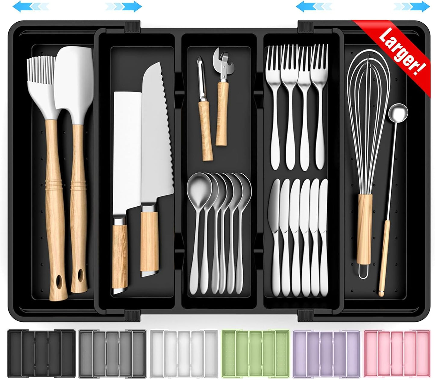 Large Expandable Silverware Drawer Organizer, Utensil Tray | Kitchen Drawer Organizer for Spoons/Forks/Knives, Multipurpose & BPA Free Cutlery Tray (1 Pack, Black)