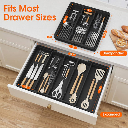 Large Expandable Silverware Drawer Organizer, Utensil Tray | Kitchen Drawer Organizer for Spoons/Forks/Knives, Multipurpose & BPA Free Cutlery Tray (1 Pack, Black)
