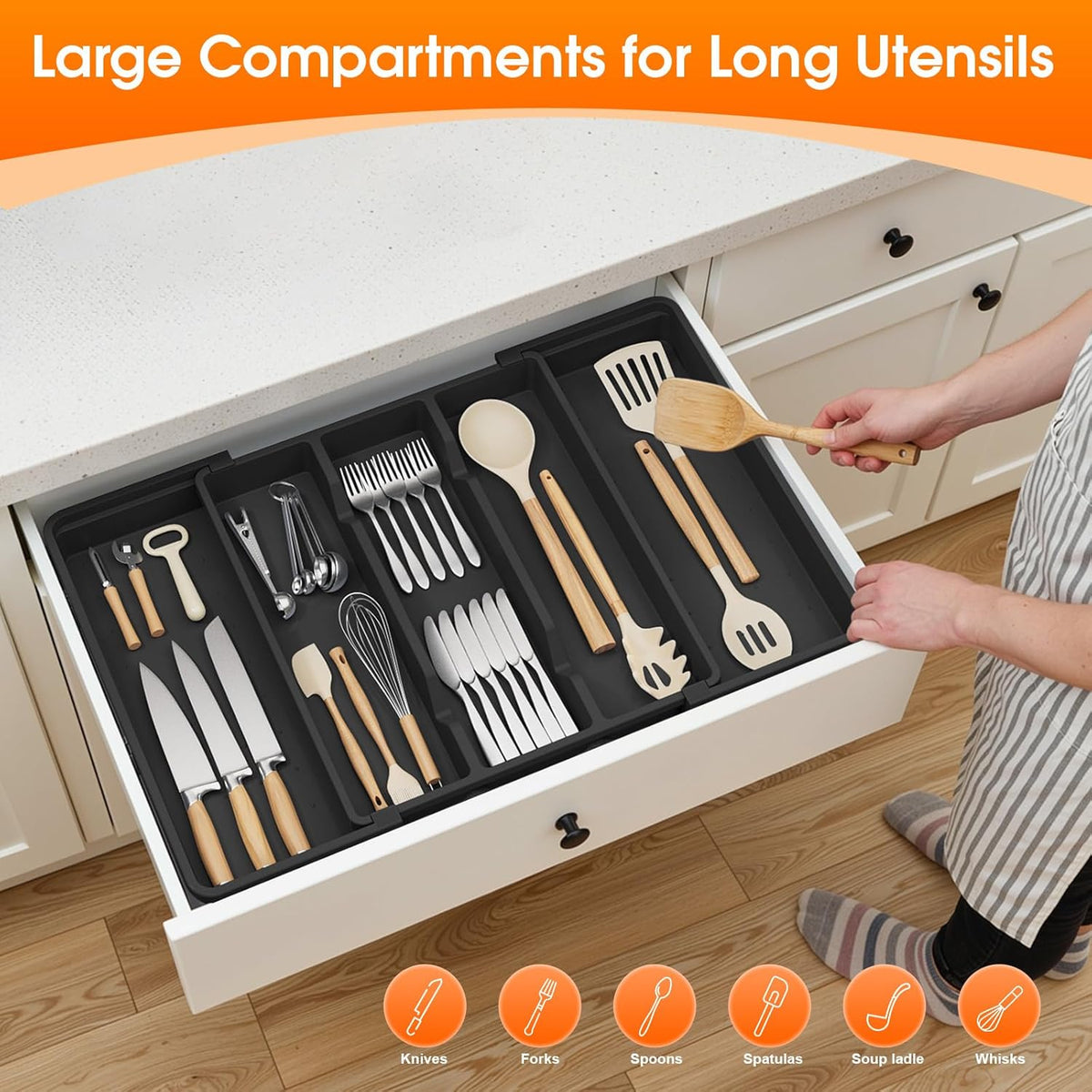 Large Expandable Silverware Drawer Organizer, Utensil Tray | Kitchen Drawer Organizer for Spoons/Forks/Knives, Multipurpose & BPA Free Cutlery Tray (1 Pack, Black)