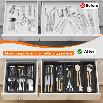 Large Expandable Silverware Drawer Organizer, Utensil Tray | Kitchen Drawer Organizer for Spoons/Forks/Knives, Multipurpose & BPA Free Cutlery Tray (1 Pack, Black)