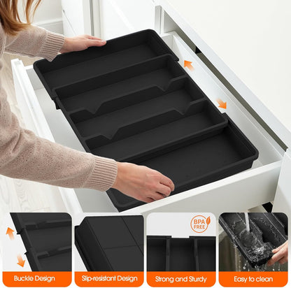 Large Expandable Silverware Drawer Organizer, Utensil Tray | Kitchen Drawer Organizer for Spoons/Forks/Knives, Multipurpose & BPA Free Cutlery Tray (1 Pack, Black)