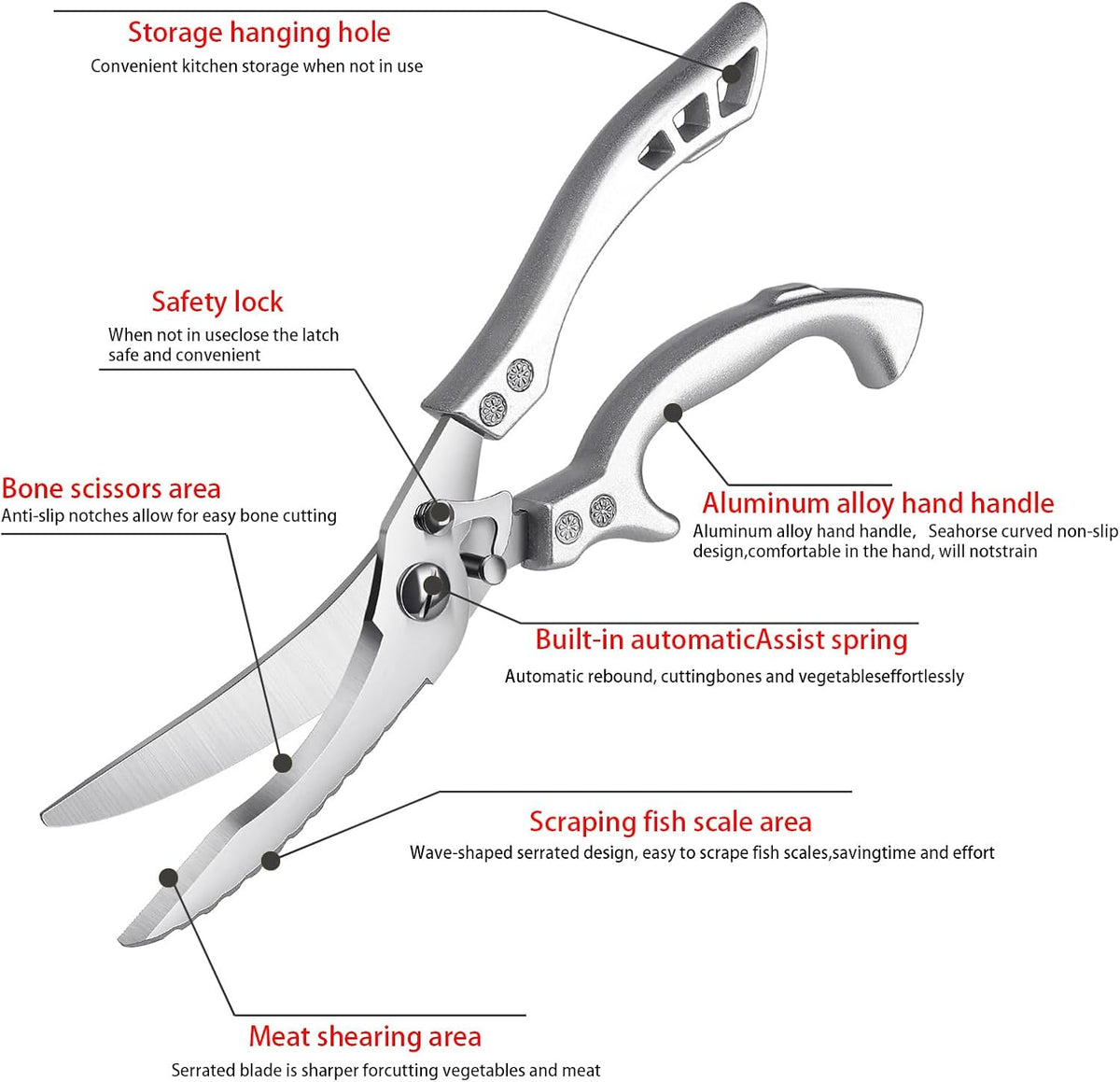 Heavy Duty Stainless Steel Kitchen Shears – Poultry Scissors; suitable for bone, meat, chicken, fish, turkey, and vegetables; spring-loaded, multi-functional, ultra-sharp, and practical