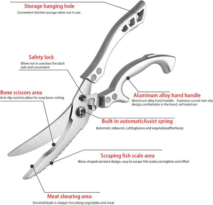 Heavy Duty Stainless Steel Kitchen Shears – Poultry Scissors; suitable for bone, meat, chicken, fish, turkey, and vegetables; spring-loaded, multi-functional, ultra-sharp, and practical