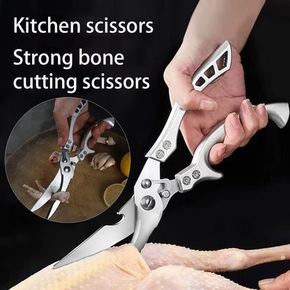 Heavy Duty Stainless Steel Kitchen Shears – Poultry Scissors; suitable for bone, meat, chicken, fish, turkey, and vegetables; spring-loaded, multi-functional, ultra-sharp, and practical